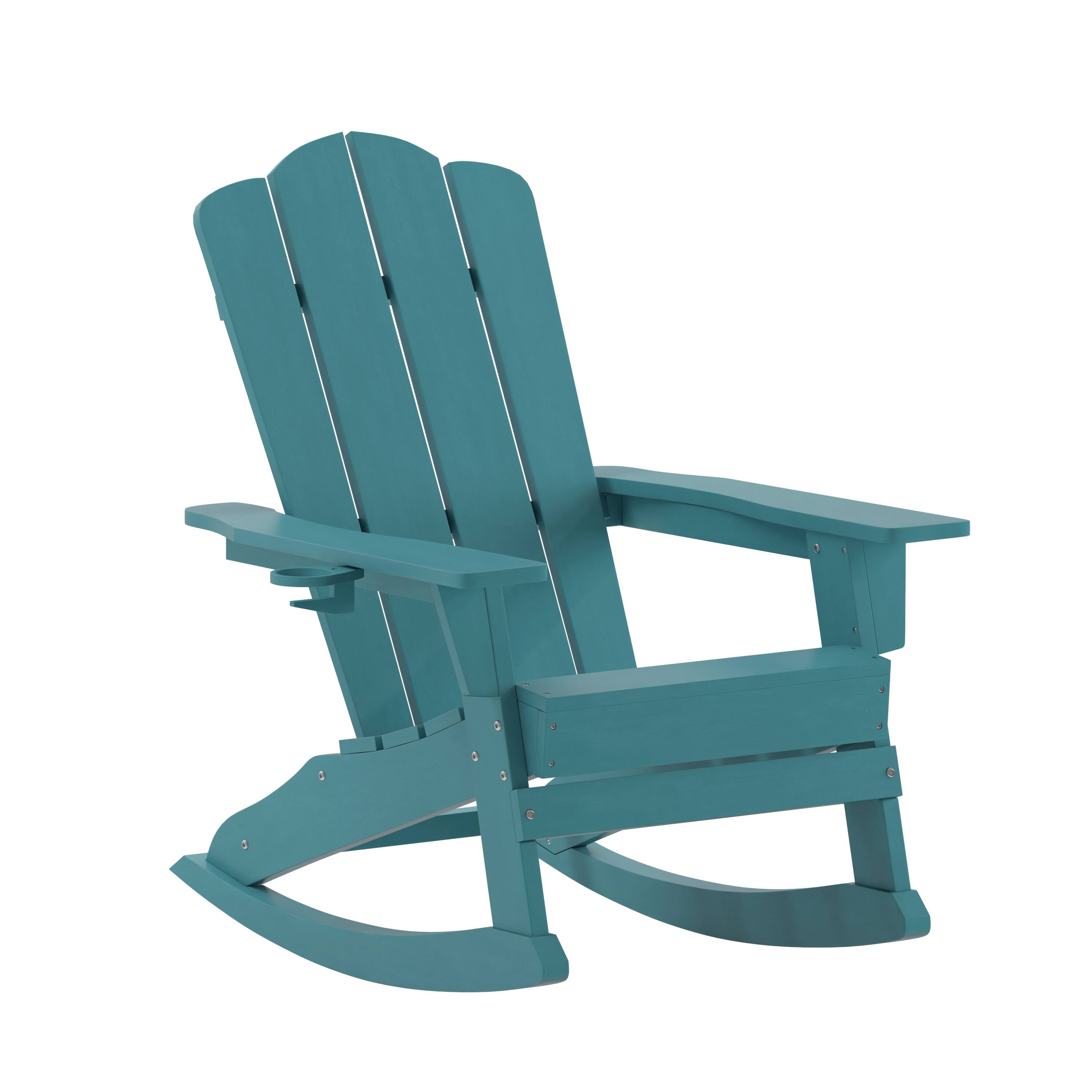 Emma + Oliver - Tiverton Adirondack Rocking Chair with Cup Holder, Weather Resistant HDPE Adirondack Rocking Chair - Blue