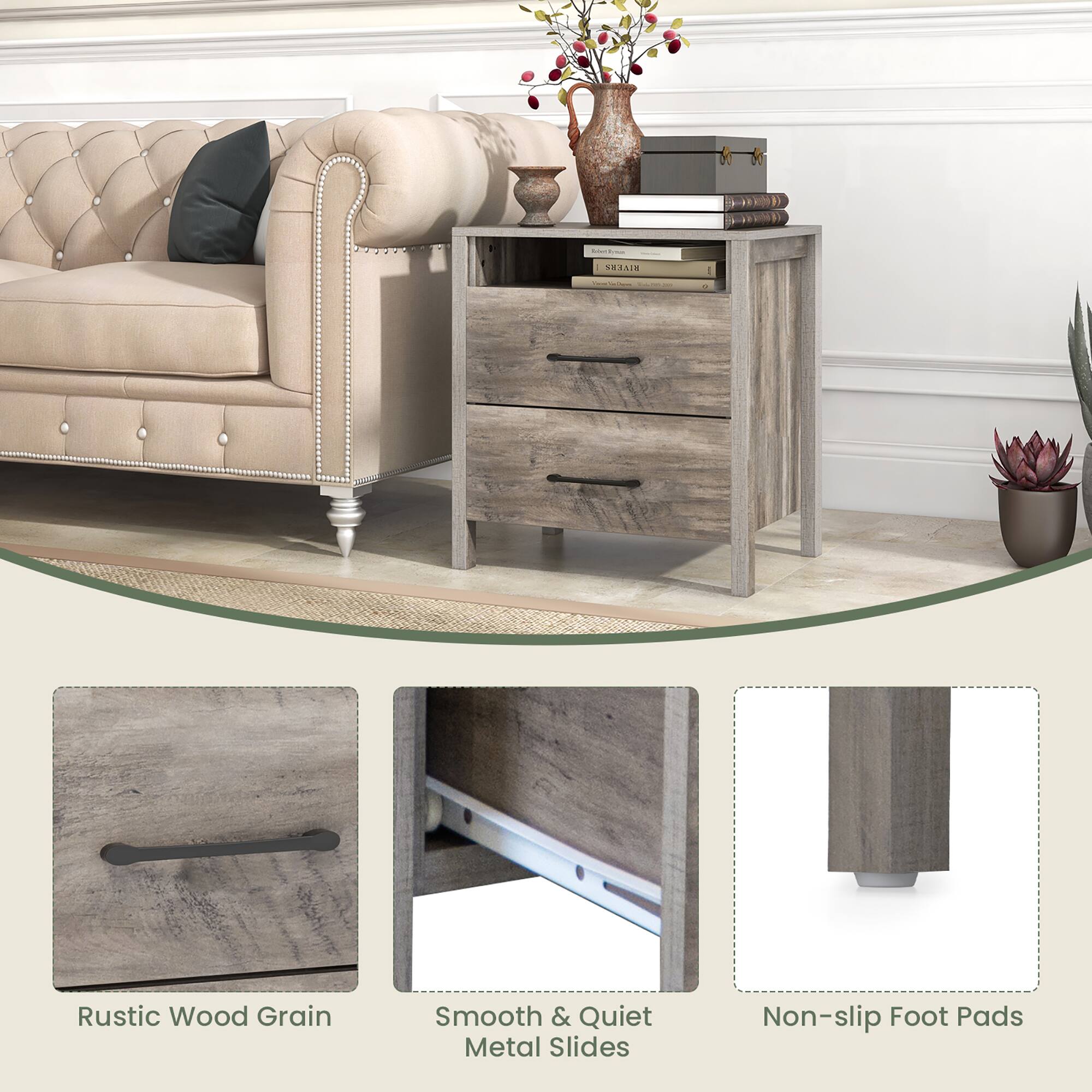 The text on the image is grouped as follows:
1. Rustic Wood Grain: This refers to the wooden grain design on the furniture.
2. Smooth & Quiet: This refers to the smooth and quiet operation of the furniture, likely the drawers or sliding doors.
3. Metal Slides: This refers to the metal sliding mechanism used in the furniture.
4. Non-slip Foot Pads: This refers to the non-slip foot pads on the furniture, which provide stability and prevent the furniture from moving.
