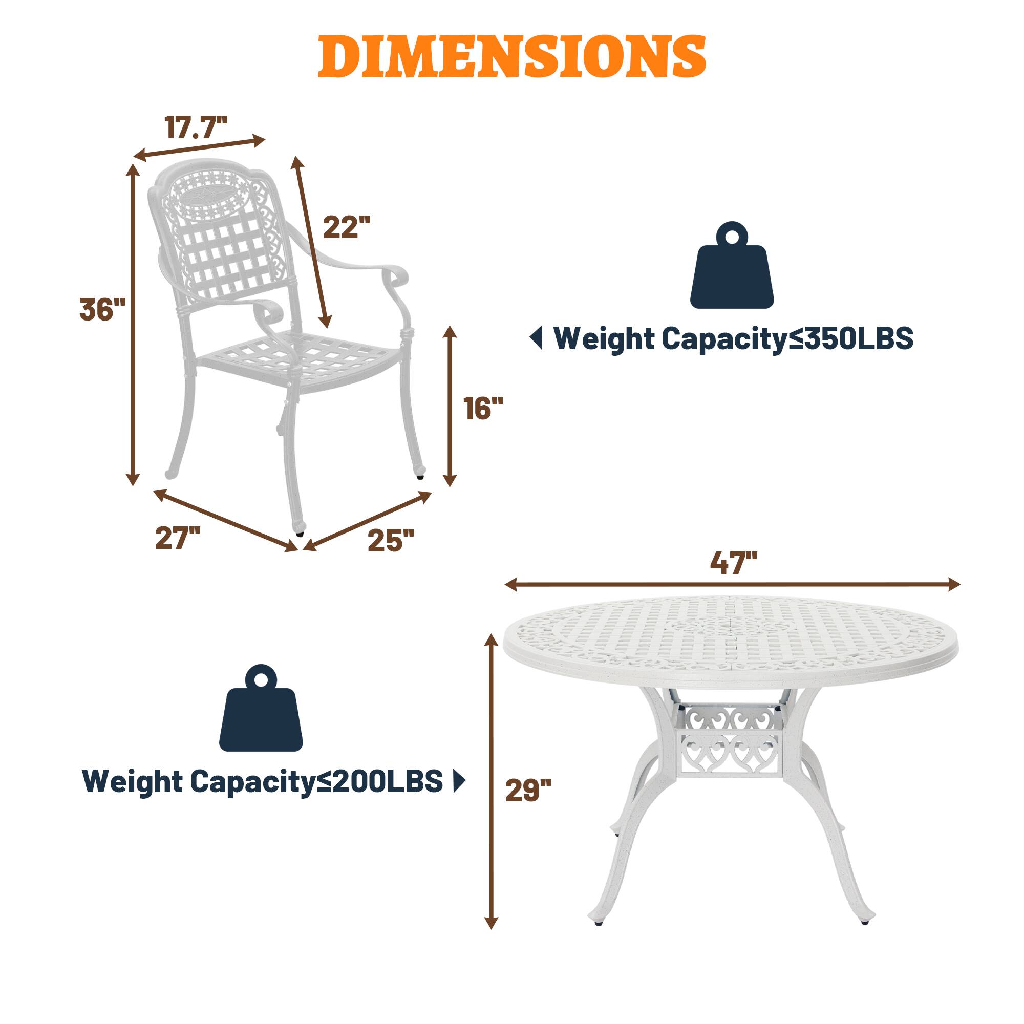 DIMENSIONS

- Chair:
  - Height: 36"
  - Width: 22"
  - Depth: 27"
  - Seat Height: 16"
  - Seat Depth: 25"
  - Arm Height: 17.7"

- Table:
  - Diameter: 47"
  - Height: 29"

Weight Capacity:
- Chair: ≤350LBS
- Table: ≤200LBS