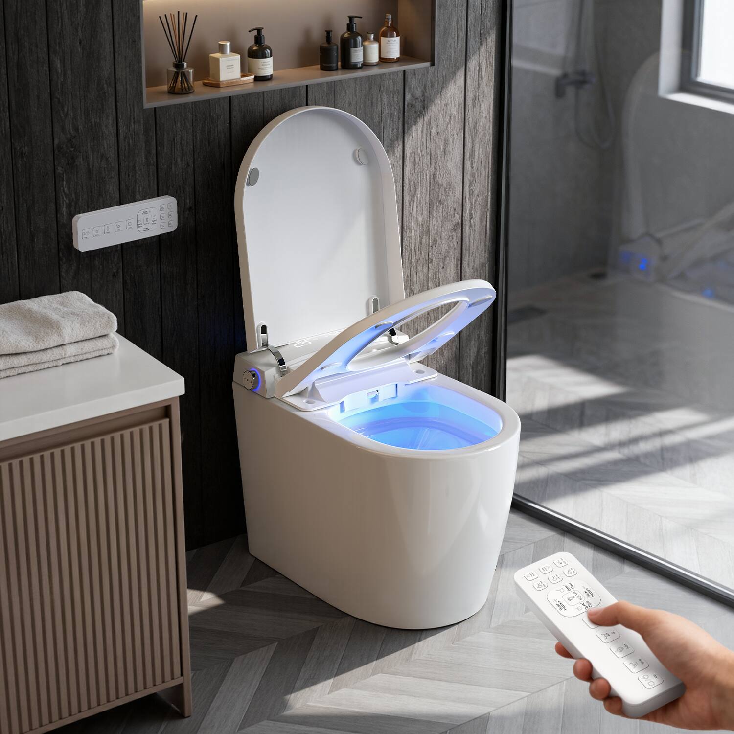 Angle. Koligey - Compact Smart Toilet with Bidet, Auto Open/Close Lid, Heated Seat, 1.28 GPF Flush, Warm Wash & Dryer - White.