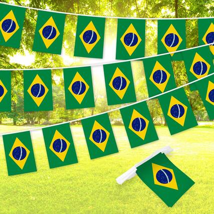 Front. G128 - Brazil Flag Bunting Banner, 33 ft String with 38 Mini Flags (8.2 x 5.5 in). - Assorted Colors.