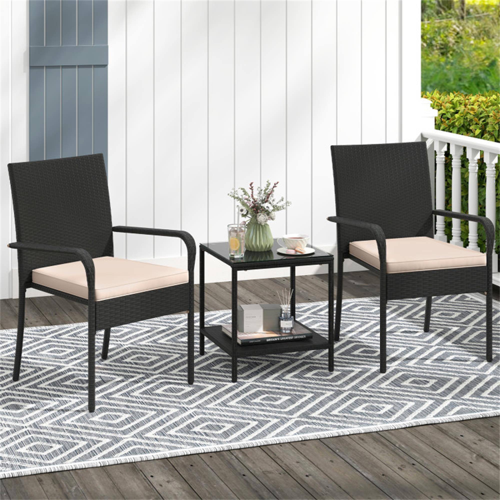 Alt View 2. Boyel Living - Black 3 Piece Patio Furniture Set with Seat Cushions and Tempered Glass Tabletop 35-in L x 23-in W x 22.5-in H - Black.