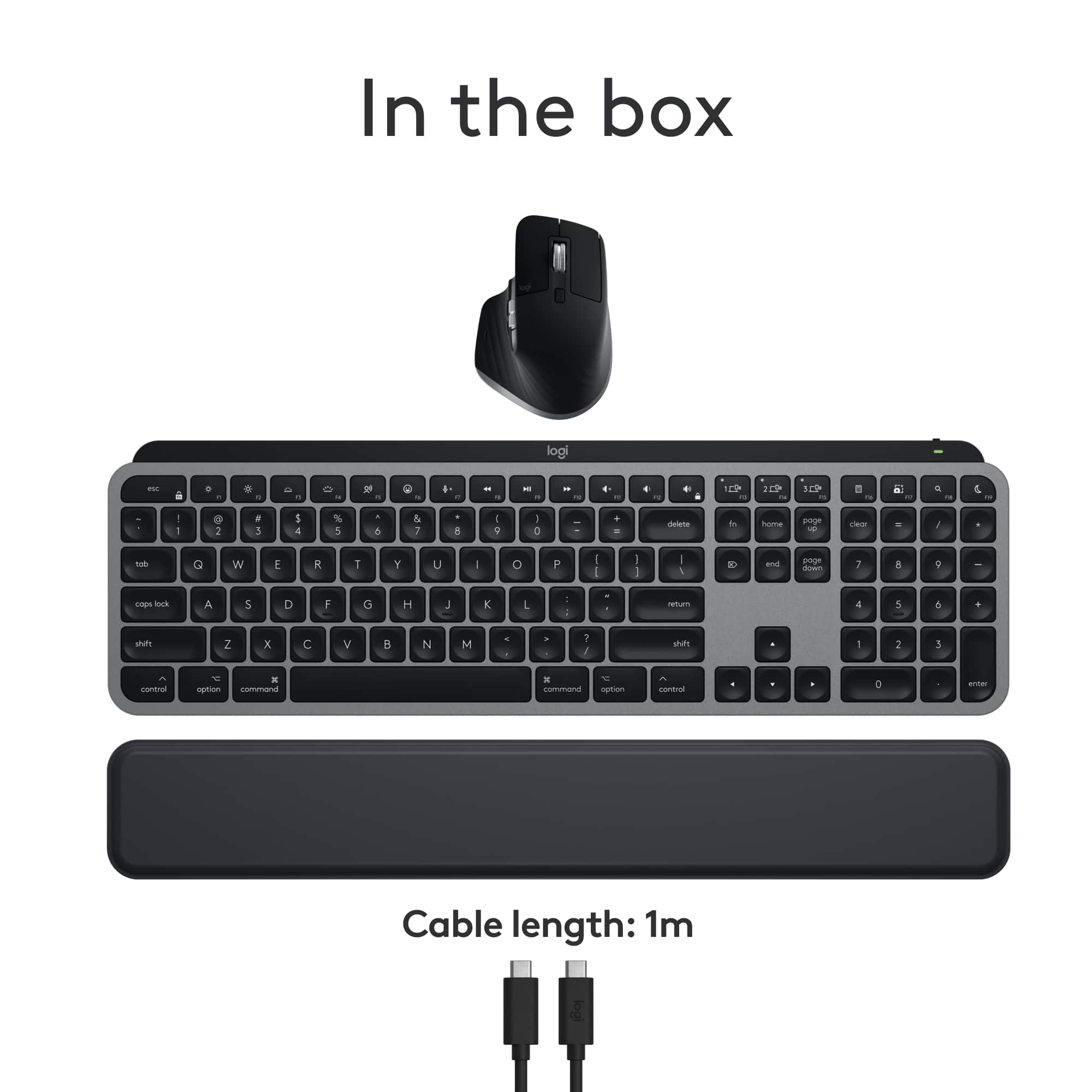 In the box, you will find a Logitech keyboard and mouse. The keyboard is a compact design, perfect for use in home or office environments. The cable length of the keyboard is 1 meter.