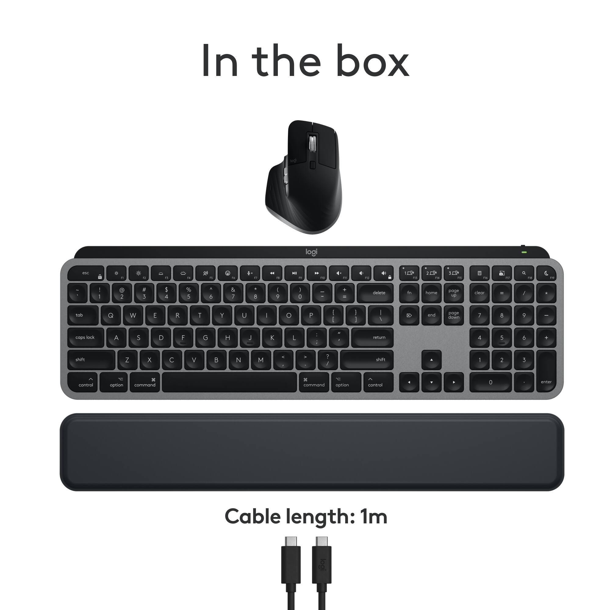 In the box, you will find a Logitech keyboard and mouse. The keyboard is a compact design, perfect for use in home or office environments. The cable length of the keyboard is 1 meter.
