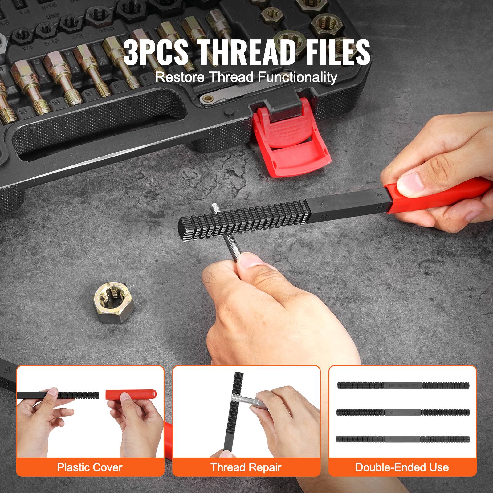 3PCS THREAD FILES  
Restore Thread Functionality  

Plastic Cover  
Thread Repair  
Double-Ended Use