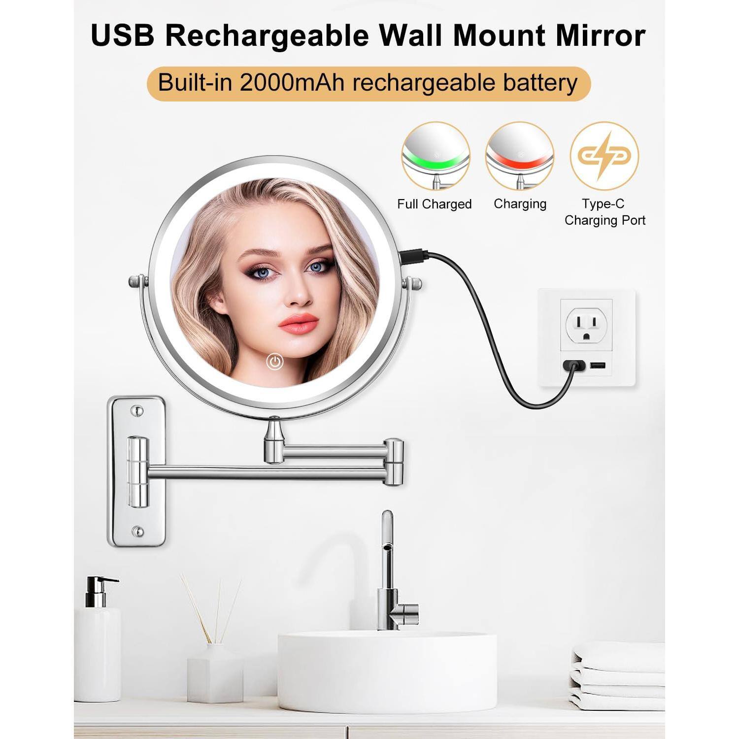 USB Rechargeable Wall Mount Mirror

Built-in 2000mAh rechargeable battery

- Full Charged
- Charging
- Type-C Charging Port