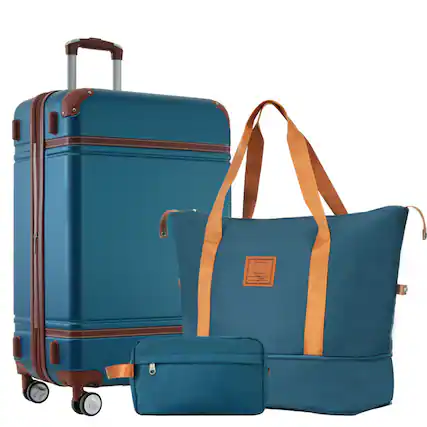 Front. HTUTWOO - 24 IN Hardshell Luggage Set - Lightweight Suitcase with Double Spinner Wheels, TSA Lock, Single Vintage Luggage - Blue.