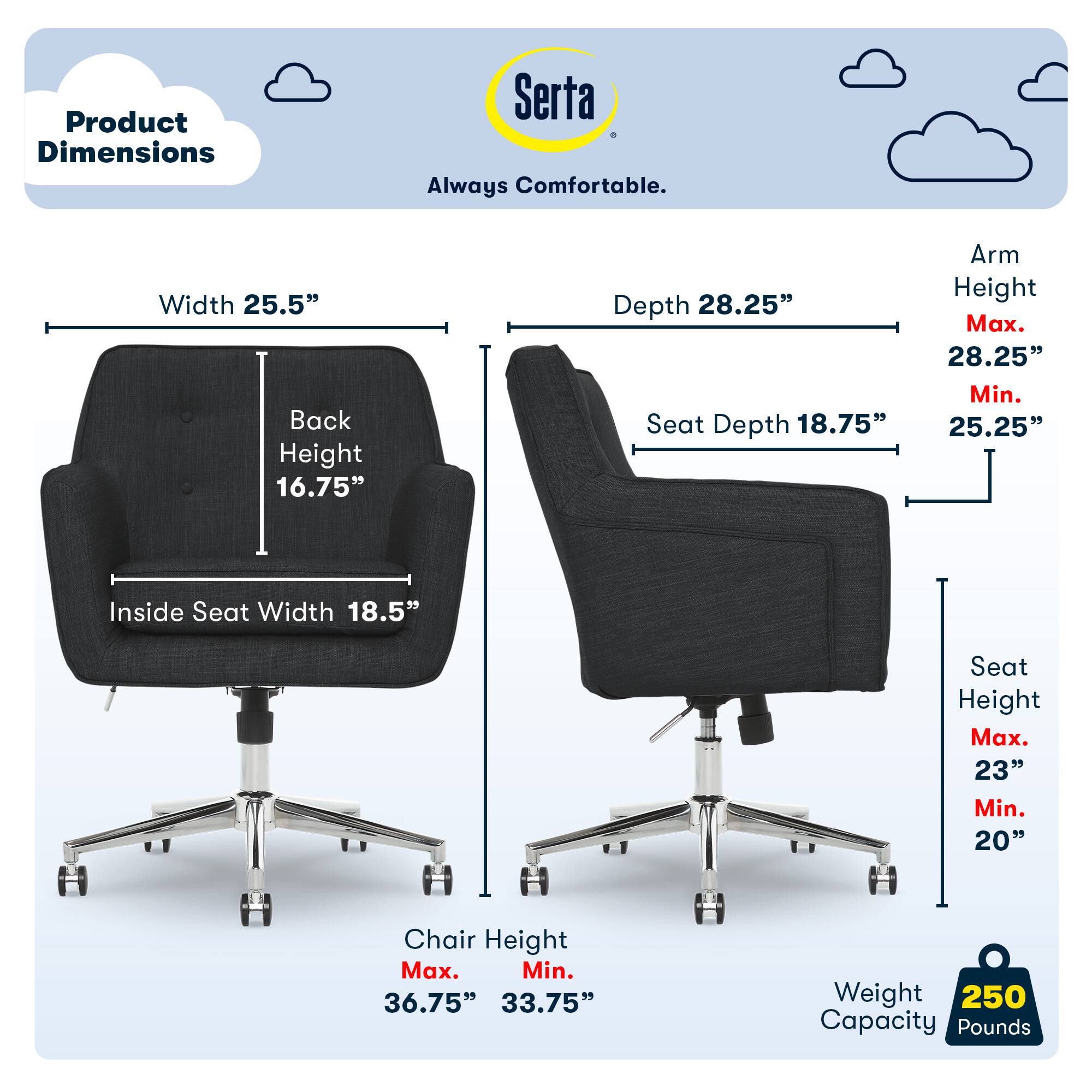 Product Dimensions  
Serta Always Comfortable.  
Width 25.5"  
Back Height 16.75"  
Depth 28.25"  
Seat Depth 18.75"  
Arm Height  
Max. 28.25"  
Min. 25.25"  
Inside Seat Width 18.5"  
Seat Height  
Max. 23"  
Min. 20"  
Chair Height  
Max. 36.75"  
Min. 33.75"  
Weight Capacity 250 Pounds
