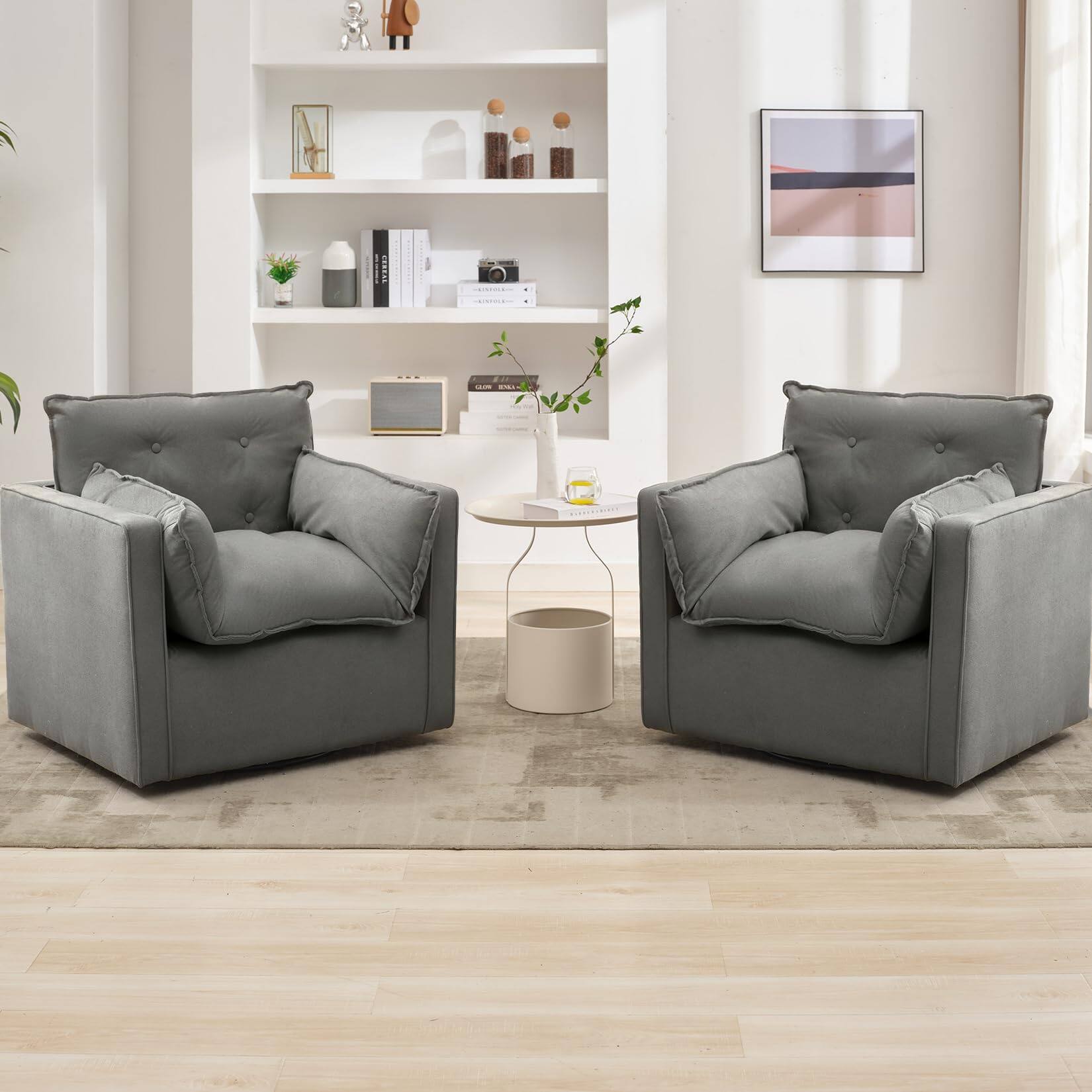 Alt View 3. Jojoka - Uphosltered 360° Swivel Accent Armchair, Oversized Single Sofa Chair, Square Couch Chair with Thick Cushion - Gray.