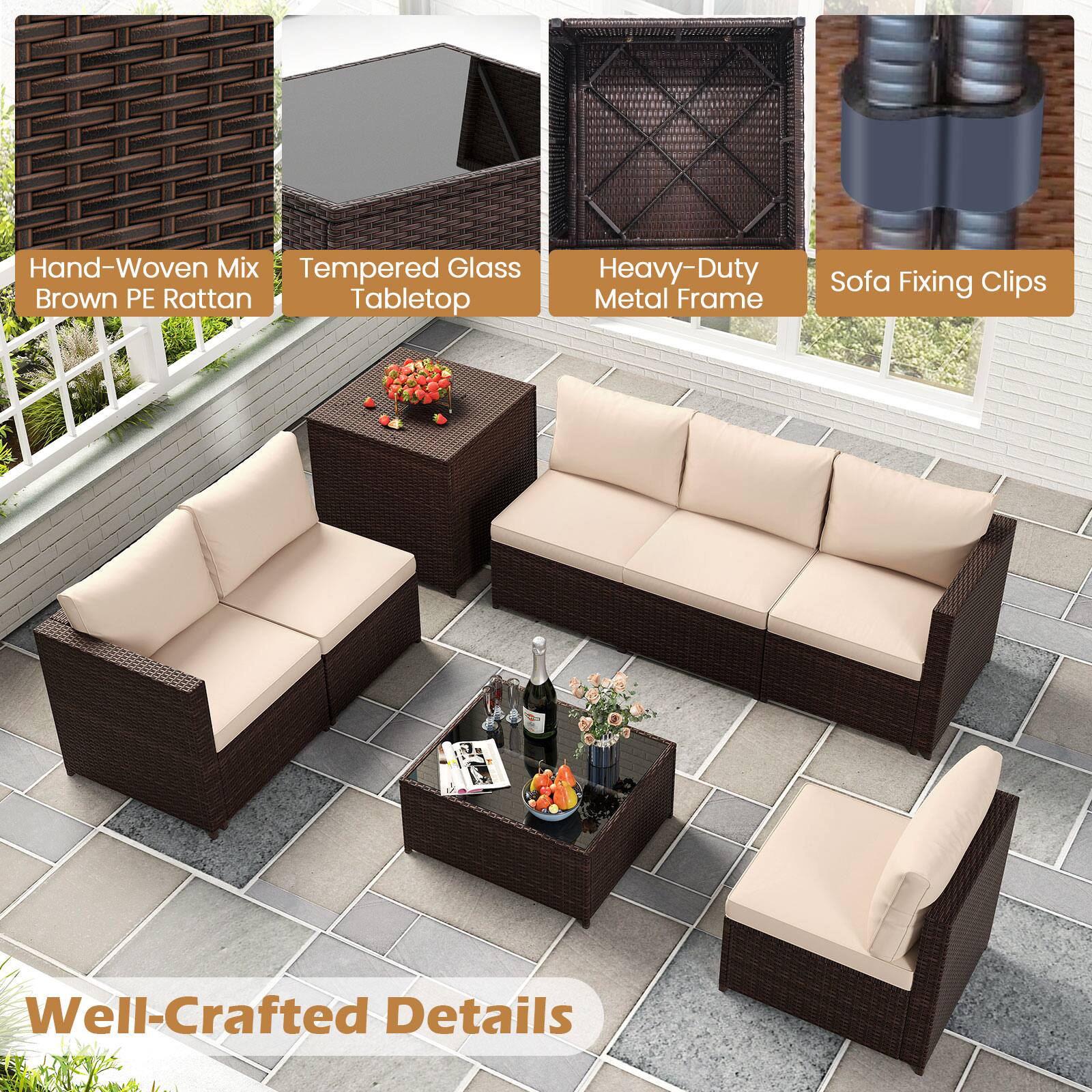 Hand-Woven Mix Tempered Glass Brown PE Rattan Tabletop Heavy-Duty Metal Frame Sofa Fixing Clips Well-Crafted Details