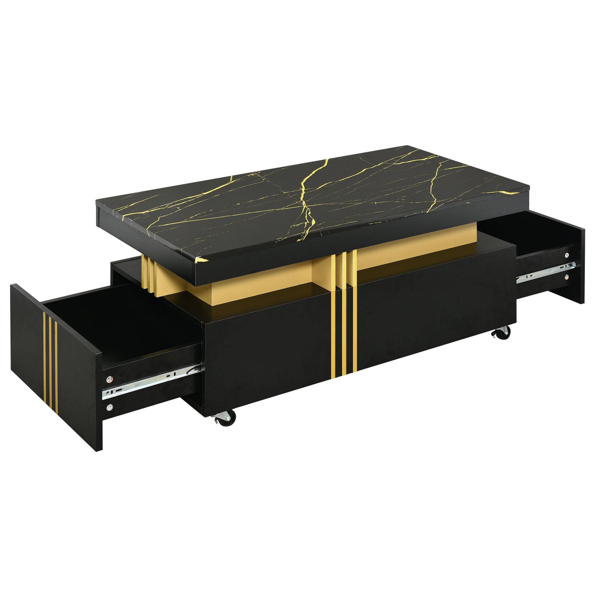 Front. Ecooso - Contemporary Coffee Table with Faux Marble Top with Caster Wheels, Moderate Luxury Center Table with Gold Metal Bars - Blck.