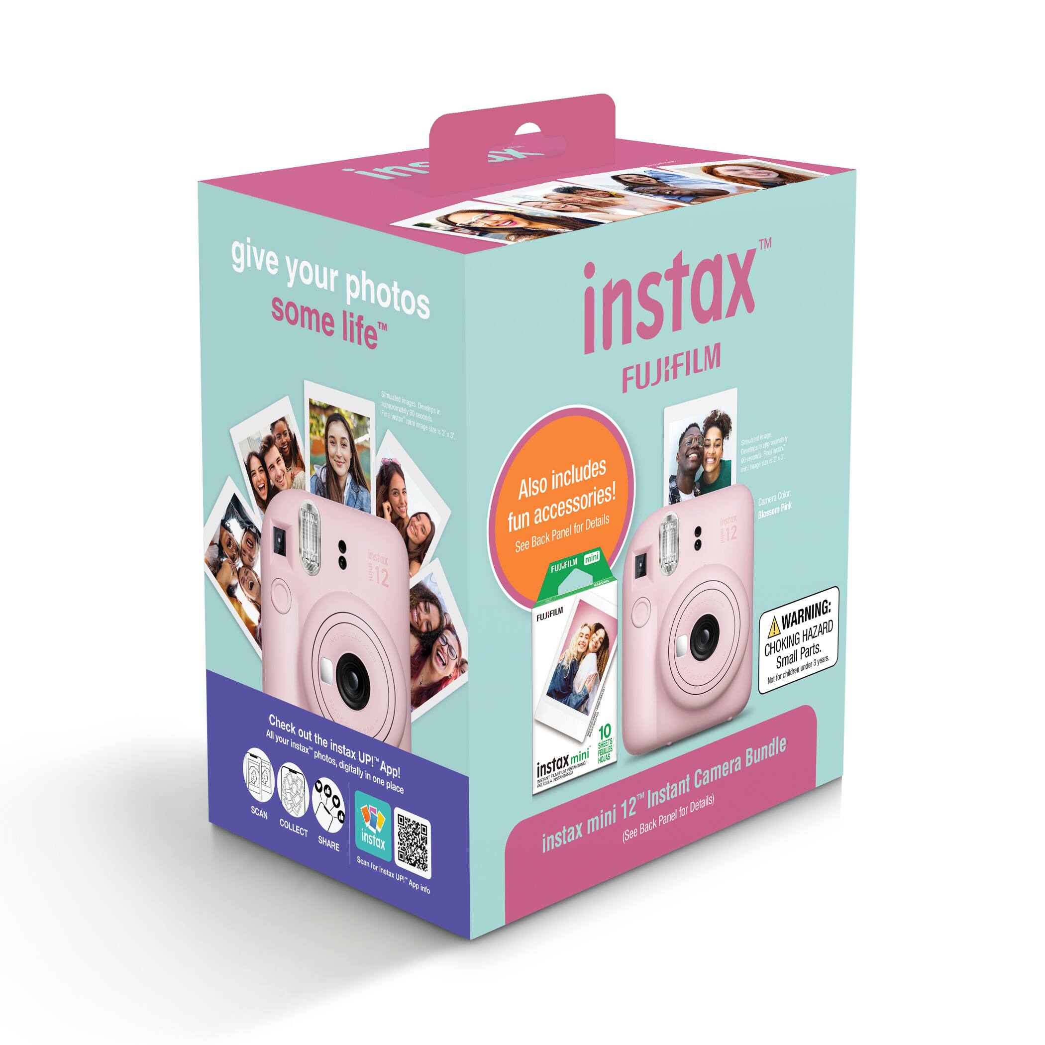 "Give your photos some life"  
instax  
FUJIFILM  

Also includes fun accessories!  
instax mini 12" Instant Camera Bundle  

Check out the instax UP! App!  
SCAN COLLECT SHARE  

WARNING: CHOKING HAZARD  
Small Parts. Not for children under 3 years.  

instax mini 12" Instant Camera Bundle  
See Back Panel for Details