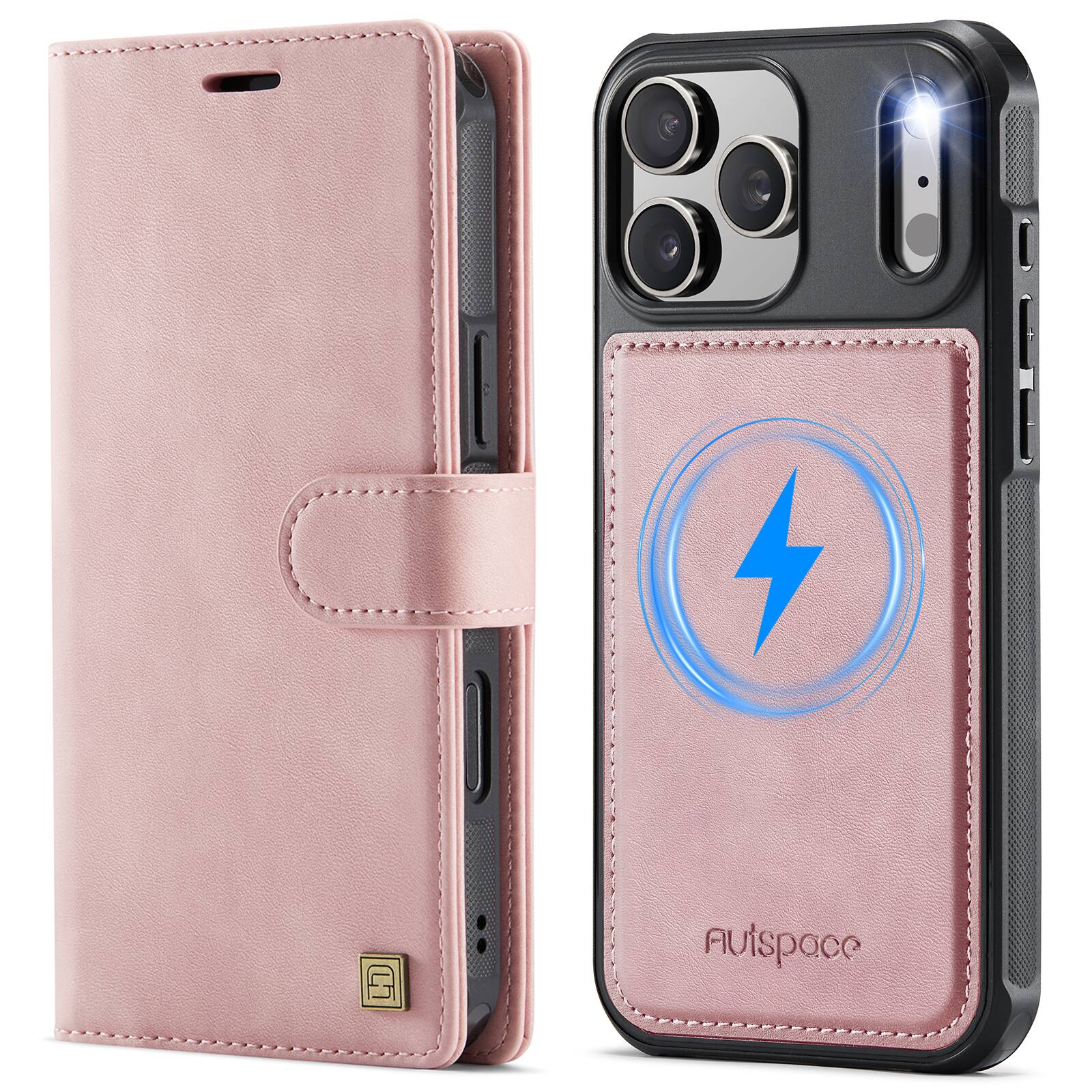 Alt View 8. Dteck - 2 in 1 Magnetic Leather Wallet Phone Case for Apple iPhone 18 Pro Max, RFID Blocking Detachable Card Holder Stand Cover - Pink.