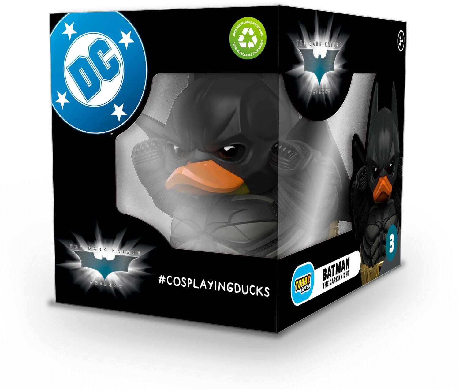 DC  
#COSPLAYINGDUCKS  
THE DARK KNIGHT TRILOGY  
BATMAN THE DARK KNIGHT  
TUBBZ COLLECTIBLES  
RECYCLABLE PACKAGING  
RECYCLABLE PACKAGING