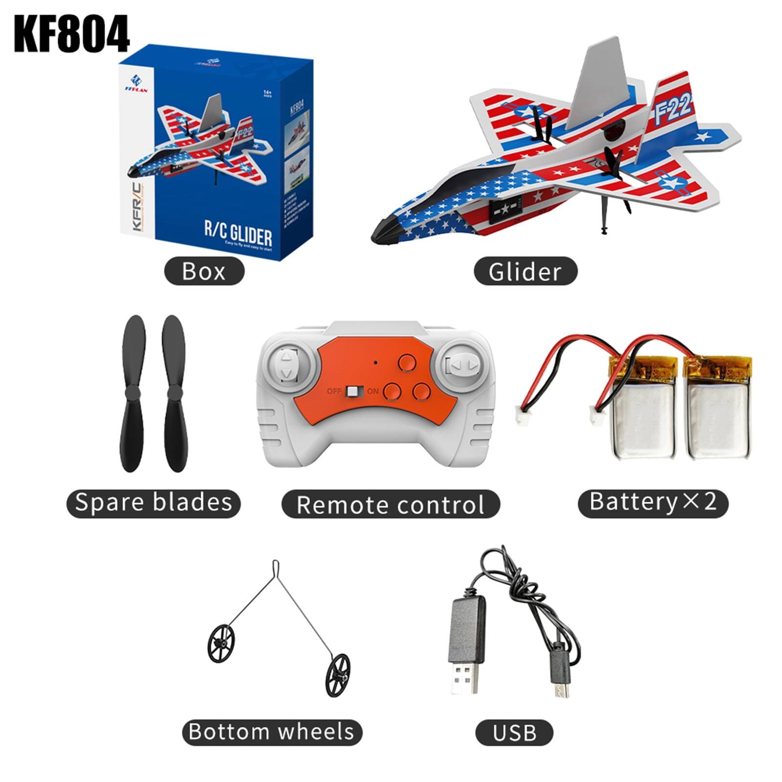 KF804 ITTLAN KFR/C  
COLOR 16+ R/C GLIDER Box  
Glider  
F22  
OFF  
ON  
Spare blades  
Remote control  
Battery X2  
Bottom wheels  
USB