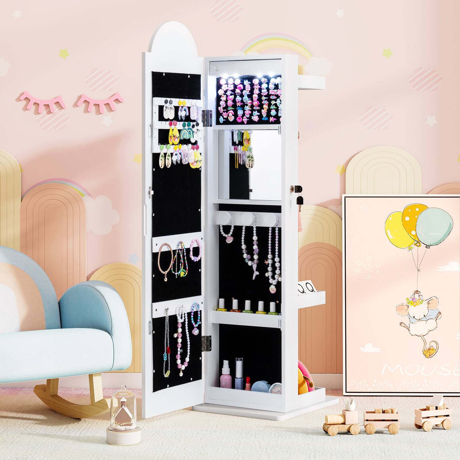 Alt View 4. Gymax - Gymax 3 In 1 Kids Jewelry Cabinet w/3-Color Lighted Full Length Mirror Clothes Rack White - White.