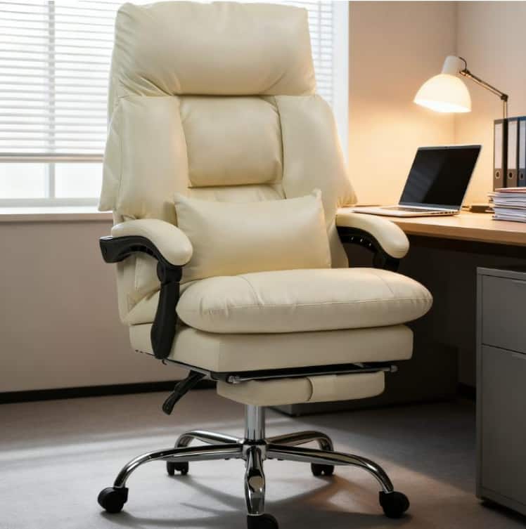 Aukfa - Overstuffed Office Chair, High Back Desk Chair with Foot Rest - Cream