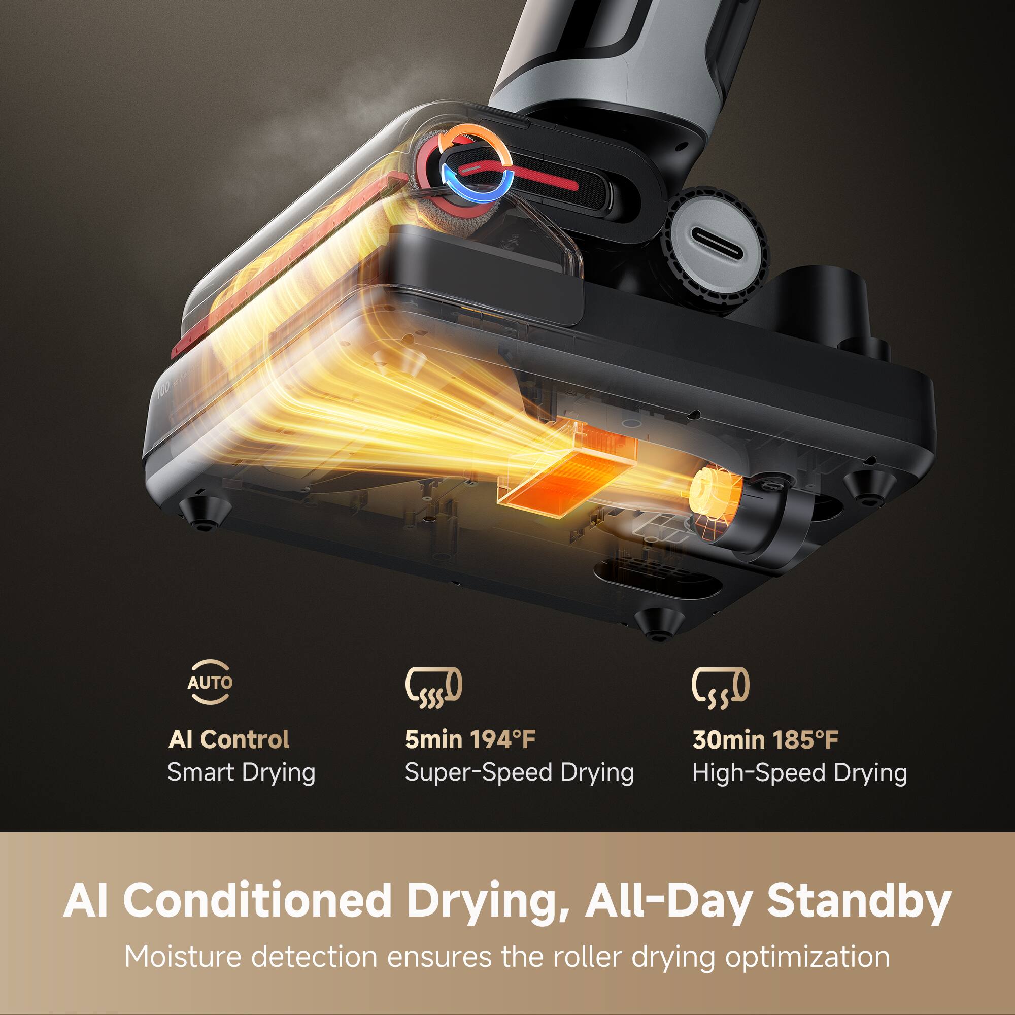 AI Control Smart Drying  
5min 194°F Super-Speed Drying  
30min 185°F High-Speed Drying  

AI Conditioned Drying, All-Day Standby  
Moisture detection ensures the roller drying optimization