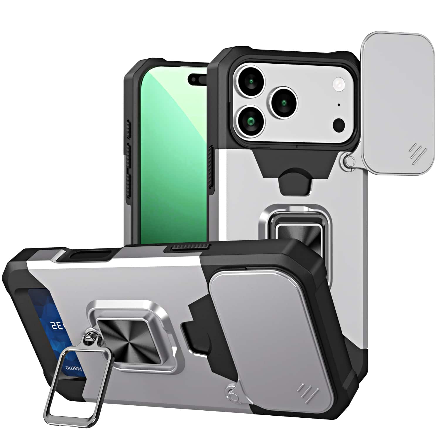 Dteck - Wallet Card Case for iPhone 17 Pro Max, Magnetic Heavy Duty Shockproof Lens Protection Ring Kickstand Cover - Silver price history on PriceWatchPro