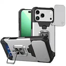Dteck - Wallet Card Case for Apple iPhone 17 Pro, Magnetic Heavy Duty Shockproof Lens Protection Ring Kickstand Cover - Silver