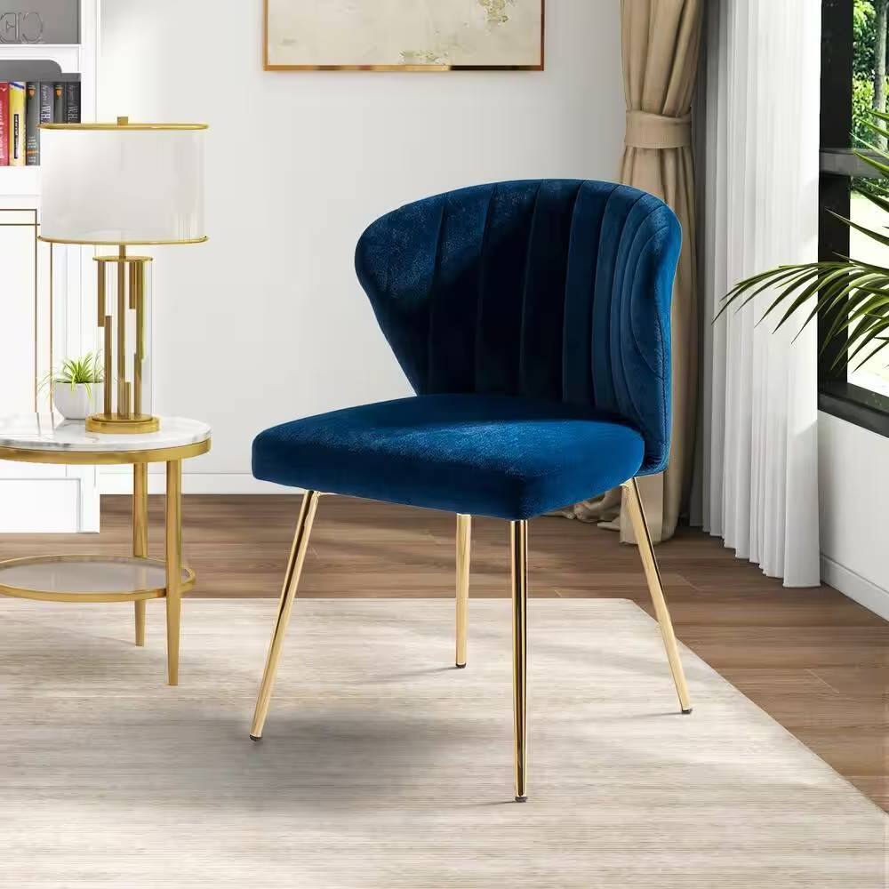 Hivvago - Velvet Upholstered Wingback Accent Side Chair w/ Gold Metal Legs - Navy Blue