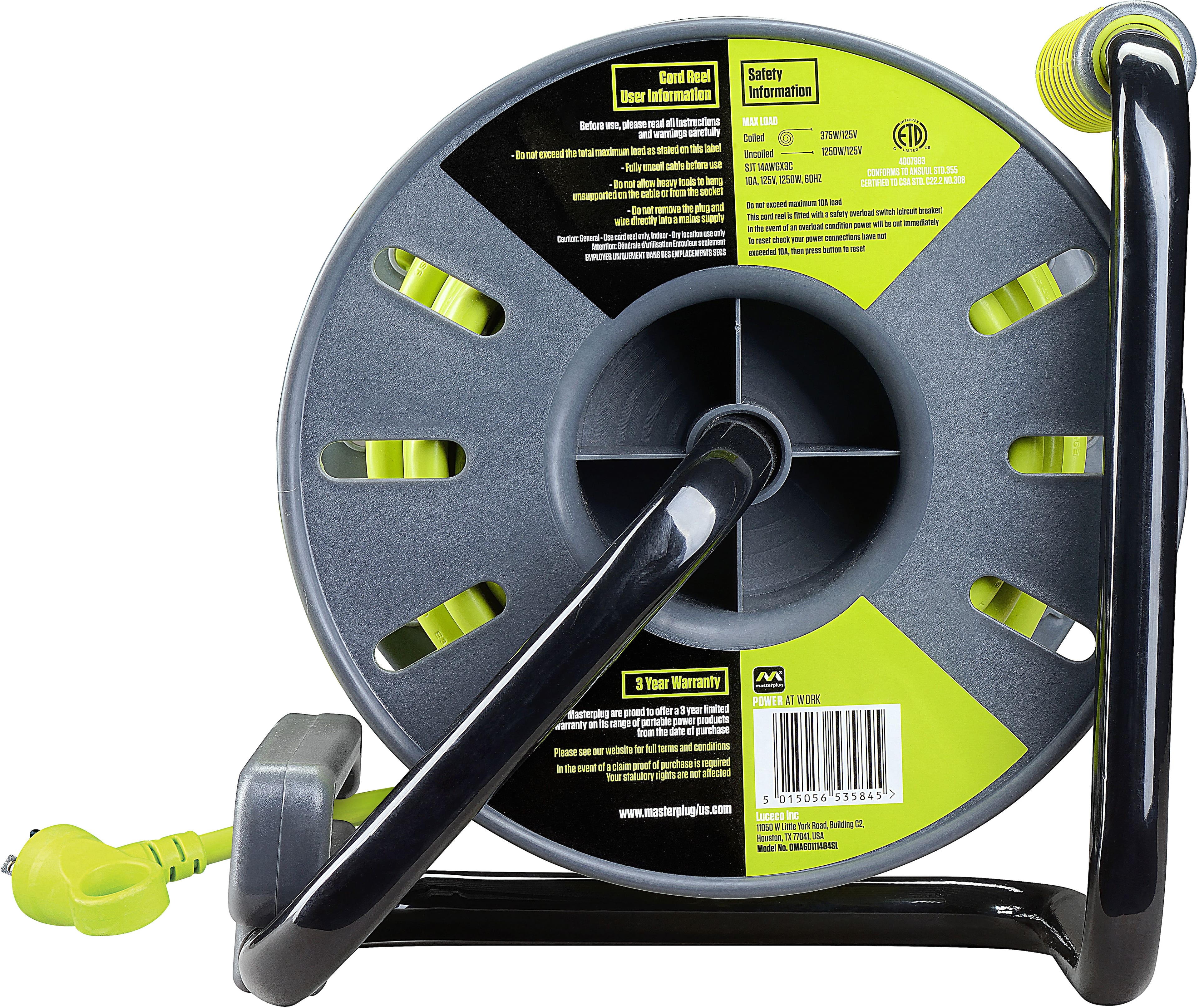 Alt View 13. Masterplug - 60Ft 4 Sockets 13A 14AWG Medium Open Cable Reel - Green & Grey.