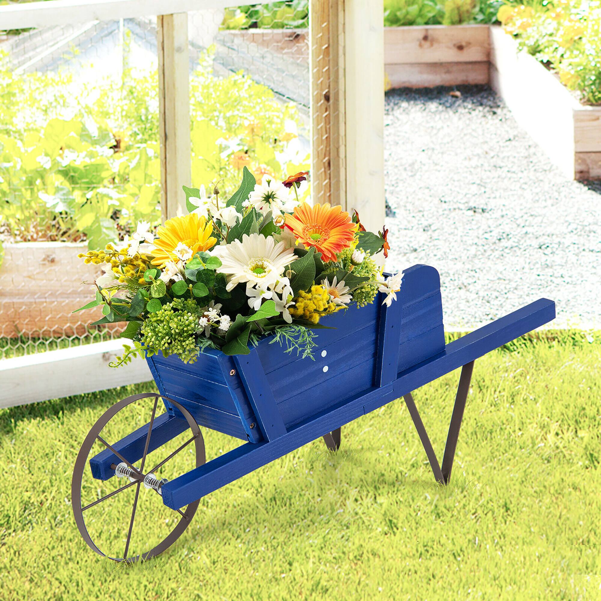 Alt View 1. Gymax - Gymax Wooden Wagon Planter Decorative Indoor/Outdoor Rustic Flower Cart w/Wheel Blue - Blue.