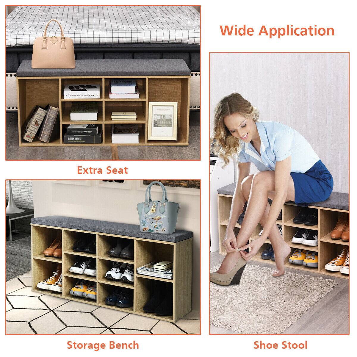 Wide Application: This image showcases a wide application of the storage bench, which can be used for various purposes such as extra seating, storage, and even as a shoe stool. The storage bench is designed to be versatile and functional, making it a practical addition to any room.