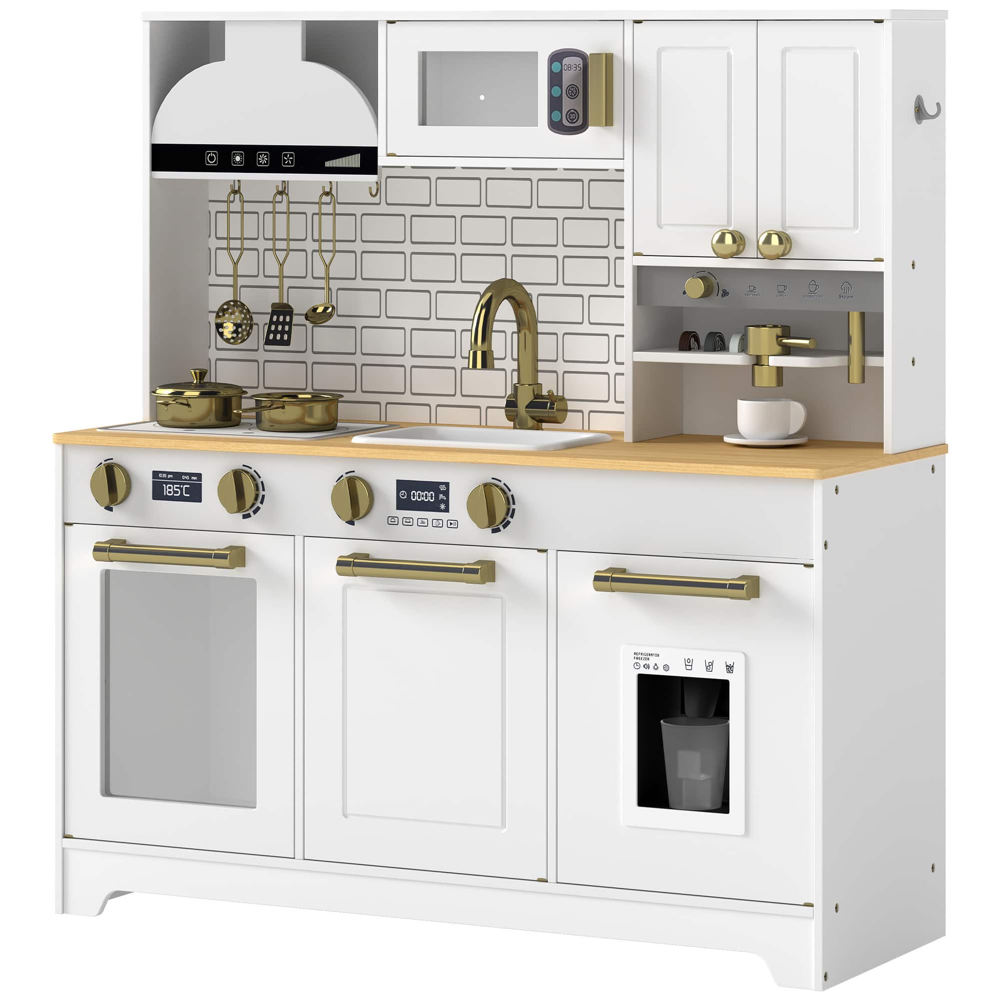 Qaba - Play Kitchen, Kids Kitchen Playset with Coffee Maker, Ice Maker, Clicking Knobs, Storage - White