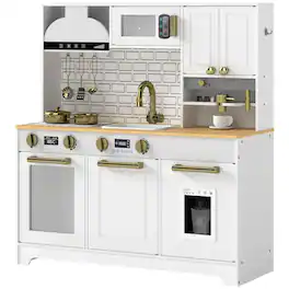 Qaba - Play Kitchen, Kids Kitchen Playset with Coffee Maker, Ice Maker, Clicking Knobs, Storage - White