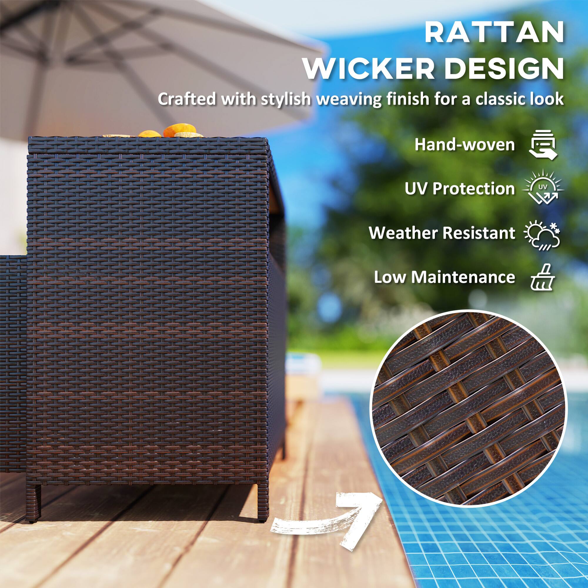 RATTAN WICKER DESIGN
Crafted with stylish weaving finish for a classic look
Hand-woven
UV Protection
Weather Resistant
Low Maintenance