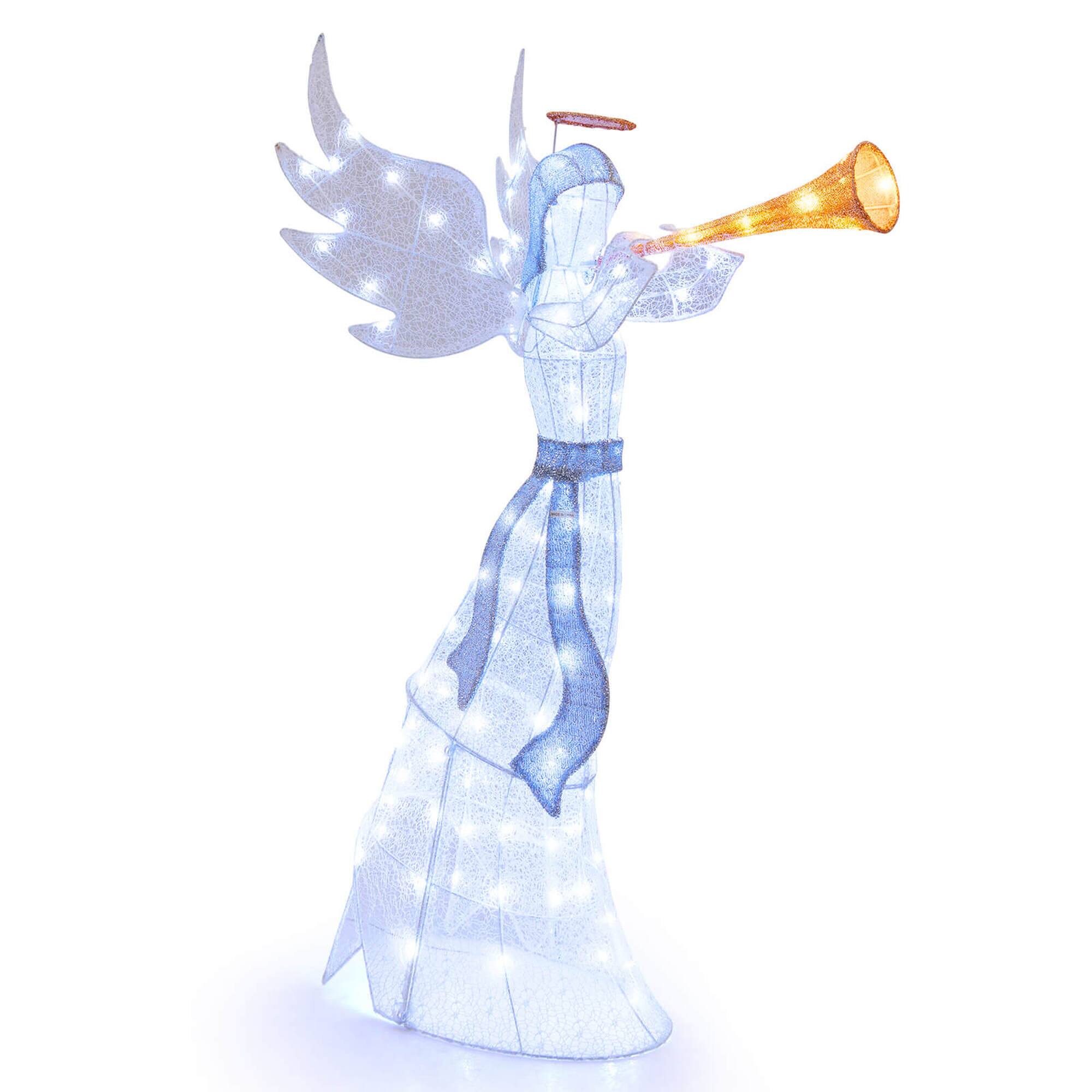 Front. Costway - Costway 5 ft Christmas Angel Outdoor Pre-Lit Angel with Trumpet Halo Wings & 100 LED Lights - White.