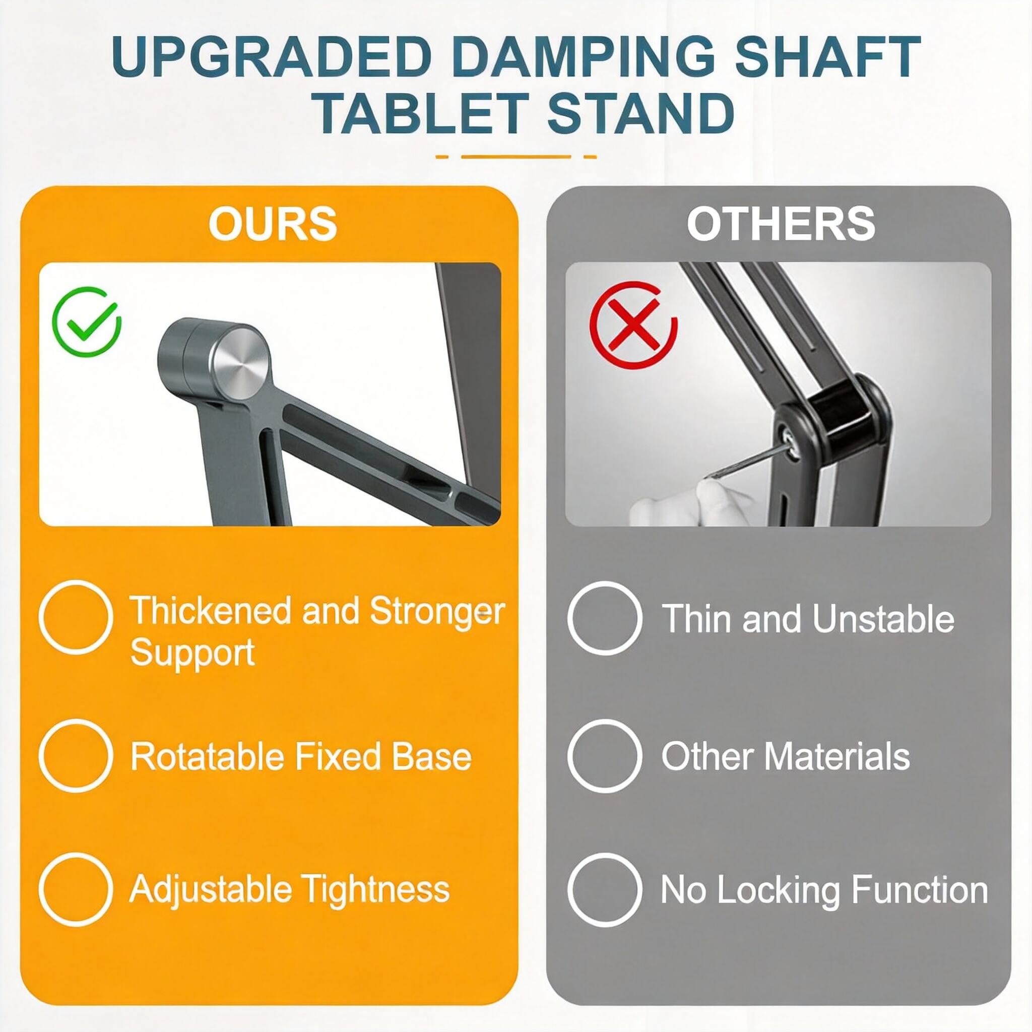 UPGRADED DAMPING SHAFT TABLET STAND

**OURS**
- Thickened and Stronger Support
- Rotatable Fixed Base
- Adjustable Tightness

**OTHERS**
- Thin and Unstable
- Other Materials
- No Locking Function