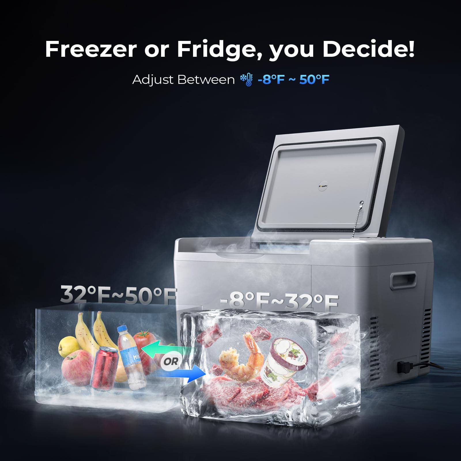 Freezer or Fridge, you Decide!  
Adjust Between -8°F ~ 50°F  

32°F ~ 50°F  
OR  
-8°F ~ 32°F