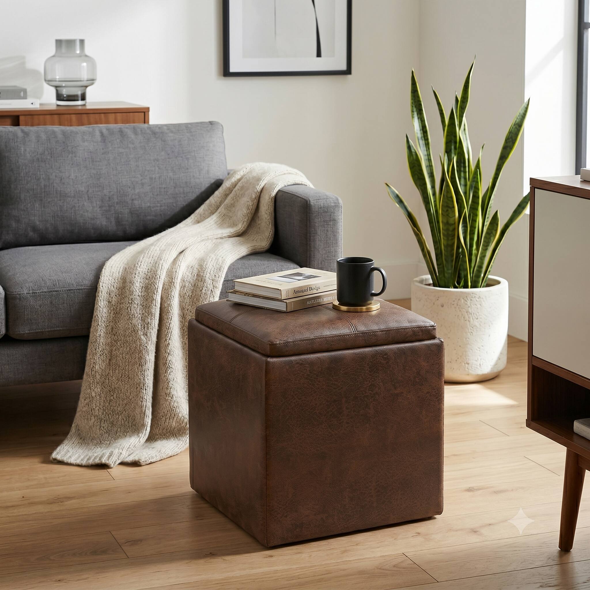 Simpli Home - Rockwood 24W Square Storage Ottoman with Tray Top - Distressed Brown