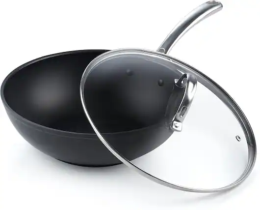 Front. Cooks Standard - Classic 11'' Hard Anodized Nonstick Wok Stir Fry Pan,3qt Deep Frying Pan,Vented Glass Lid,Stay-cool Handle,Not Induction - black.
