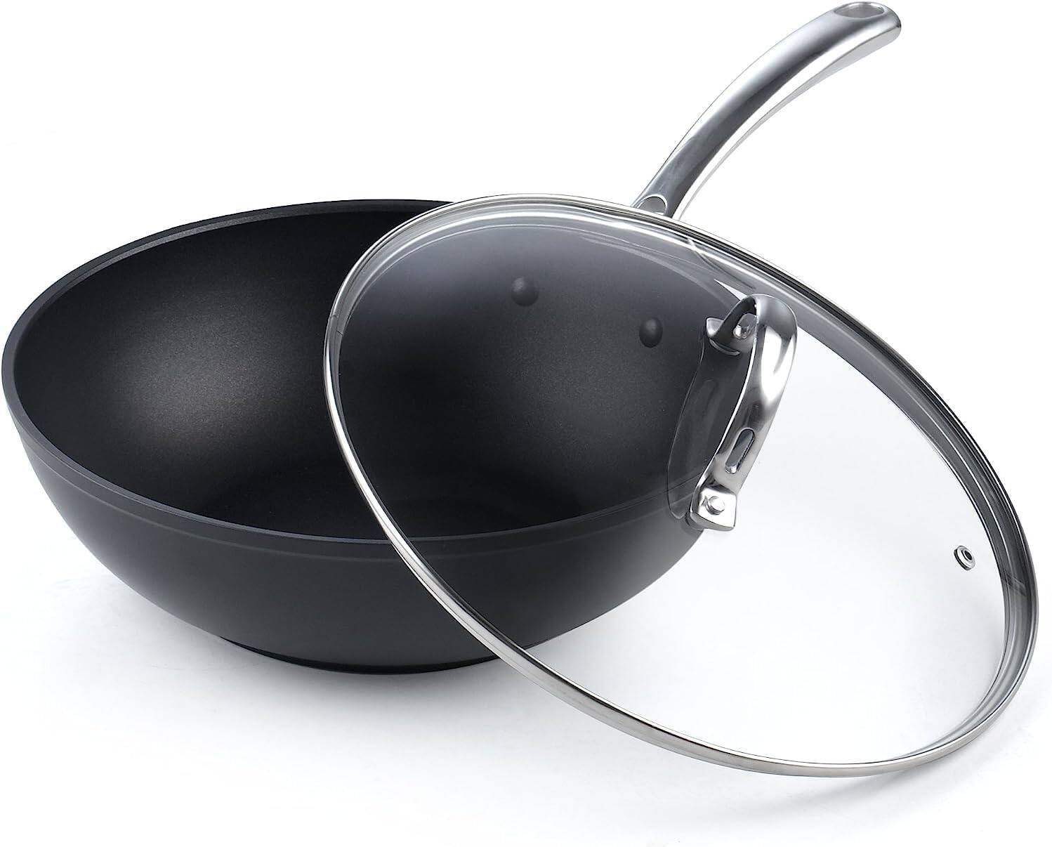 Front. Cooks Standard - Classic 11'' Hard Anodized Nonstick Wok Stir Fry Pan,3qt Deep Frying Pan,Vented Glass Lid,Stay-cool Handle,Not Induction - black.
