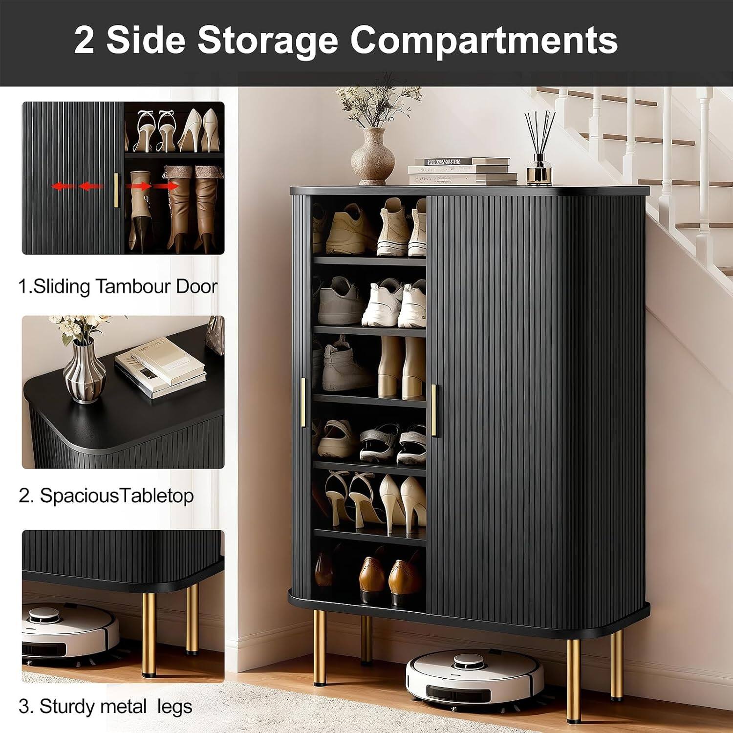 2 Side Storage Compartments

1. Sliding Tambour Door
2. Spacious Tabletop
3. Sturdy metal legs