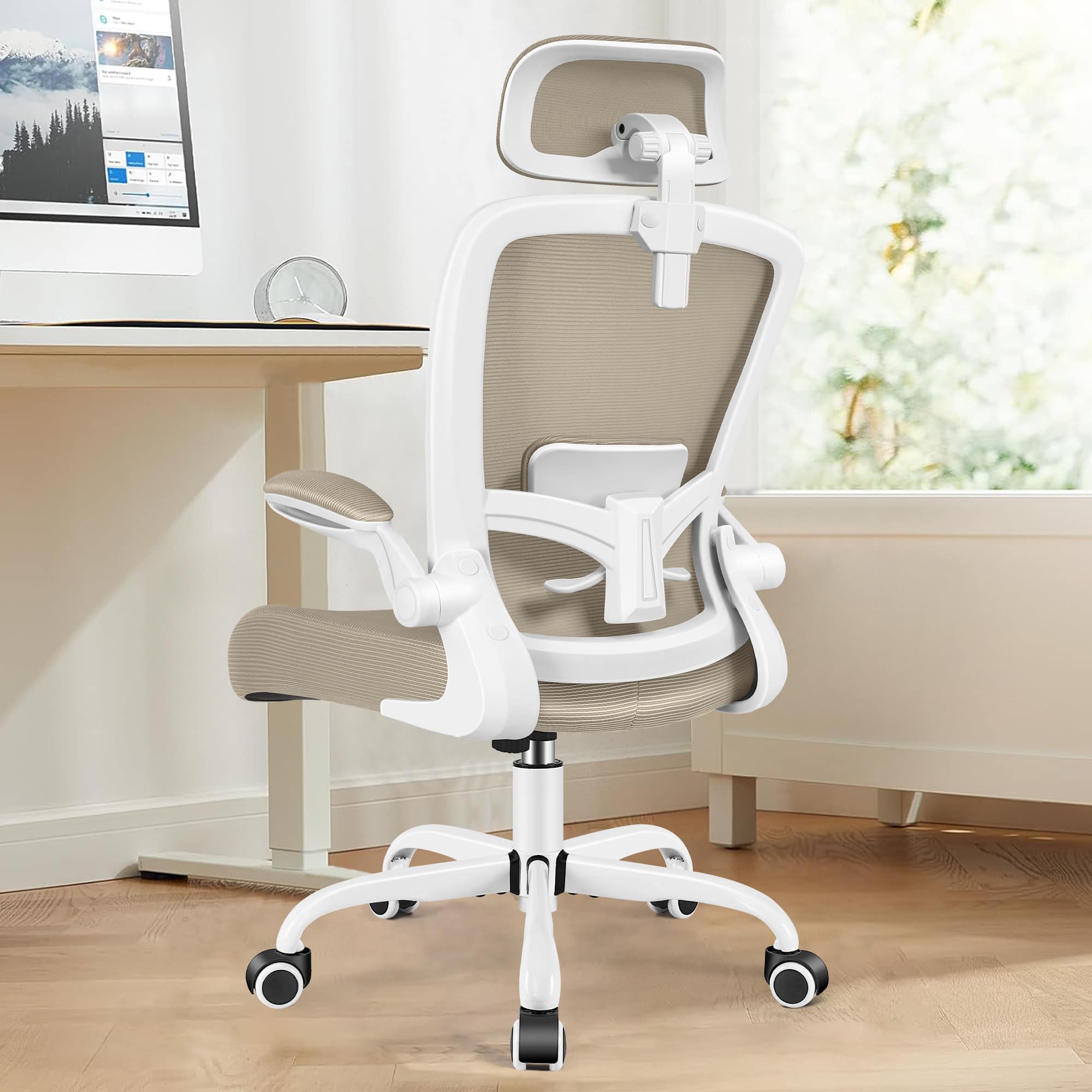 KERDOM - Ergonomic High Back Office Chair, Computer Chair with Adjustable Height, Lumbar Support Home Office Swivel Gaming Chair - Khaki