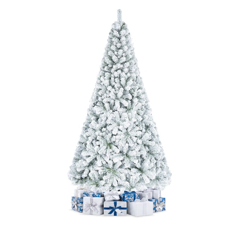 WELLFOR - 7.5ft Snow Flocked Christmas Tree, Hinged Artificial Tree for Home, Office & Holiday Decoration, Unlit Xmas Tree - White & Green