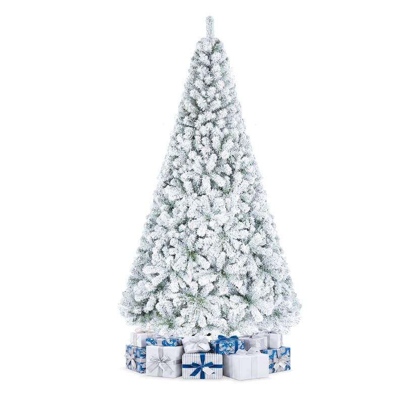 Front. WELLFOR - 7.5ft Snow Flocked Christmas Tree, Hinged Artificial Tree for Home, Office & Holiday Decoration, Unlit Xmas Tree - White & Green.