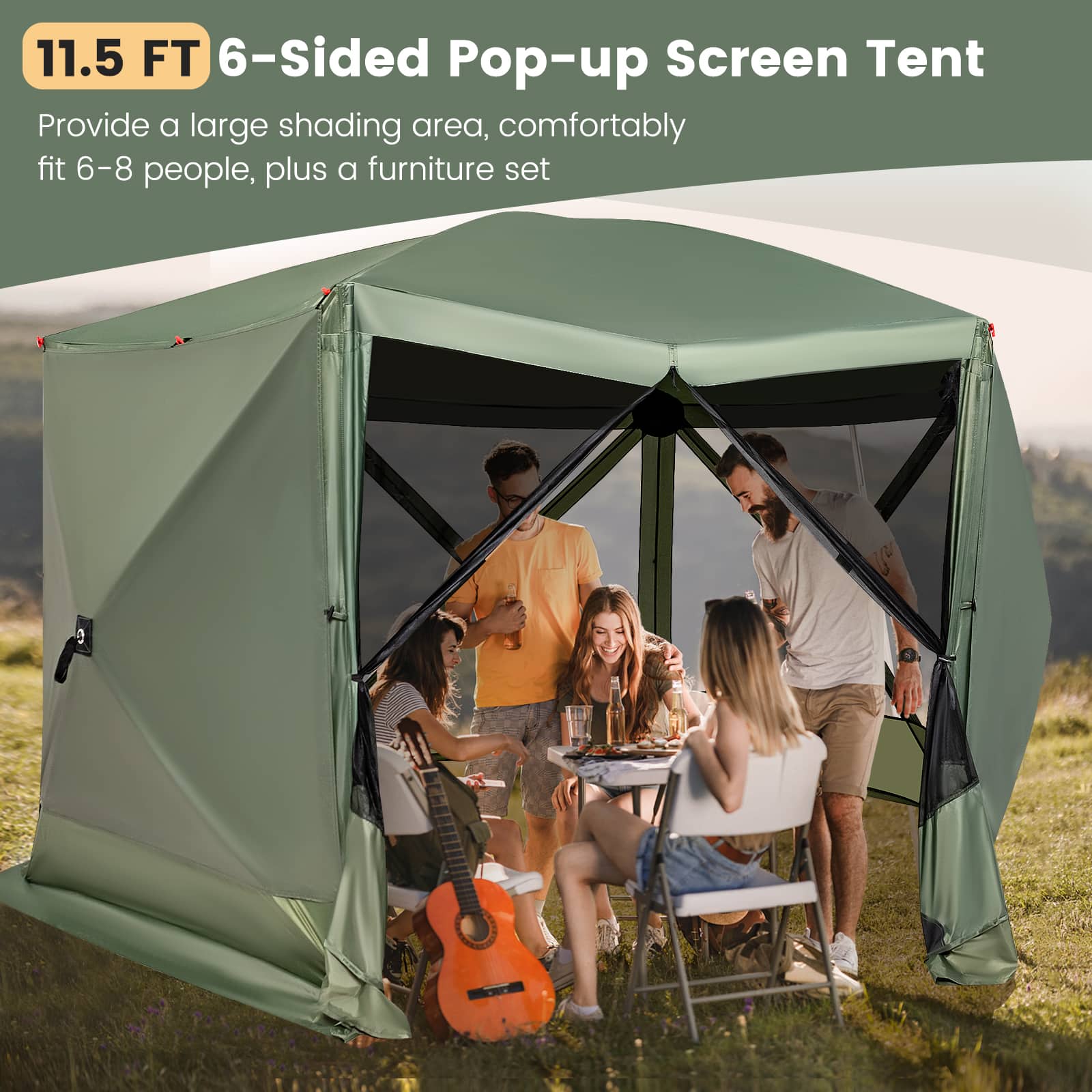 The text on the image reads: "11.5 FT 6-Sided Pop-up Screen Tent Provide a large shading area, comfortably fit 6-8 people, plus a furniture set."