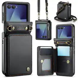 Dteck - Flip Wallet Phone Case for Samsung Galaxy Z Flip7, RFID PU Leather Protective Kickstand Cover with Crossbody Strap - Black