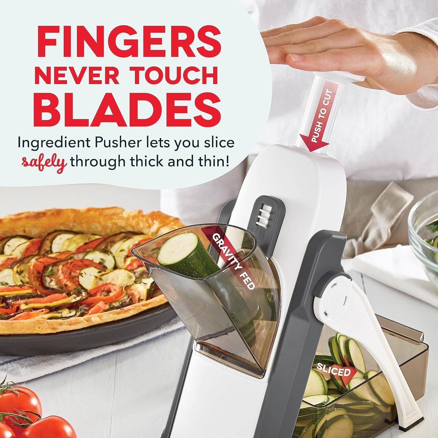 FINGERS NEVER TOUCH BLADES, Ingredient Pusher lets you slice safely through thick and thin! PUSH TO CUT, GRAVITY FED, SLICED