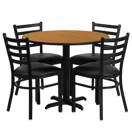 Emma + Oliver - 36" Round Laminate X-Base Table Set with 4 Ladder Back Chairs - Natural Top/Black Vinyl Seat