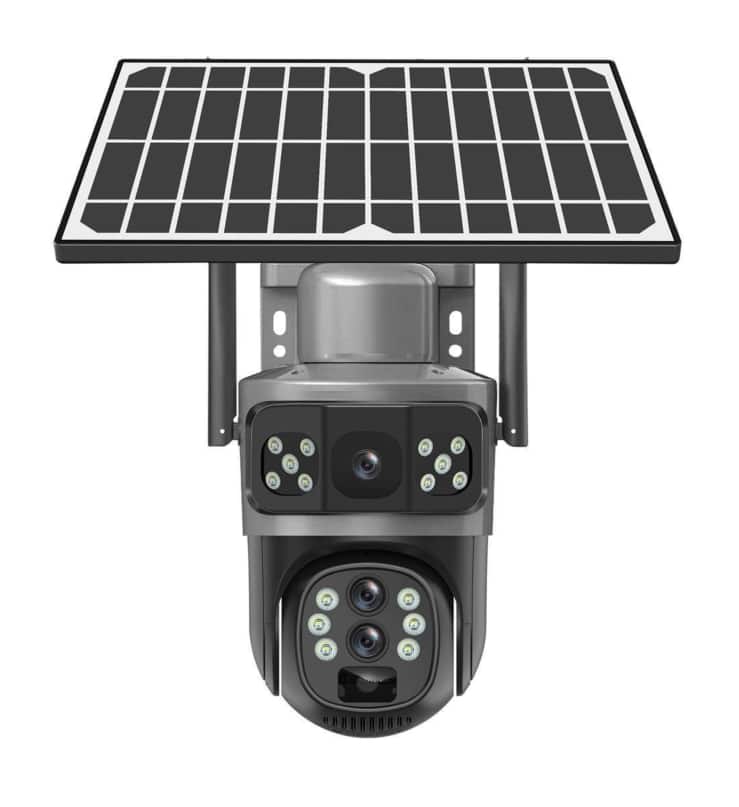 Cluzine - Triple Lens Solar Security Camera, 355° PTZ, 3-Screen, Auto Tracking,Outdoor Surveillance