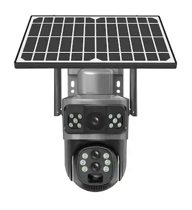 Front. Cluzine - Triple Lens Solar Security Camera, 355° PTZ, 3-Screen, Auto Tracking,Outdoor Surveillance.