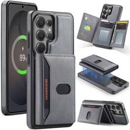 Dteck - Shockproof Leather Phone Case for Samsung Galaxy S26 Ultra with RFID Wallet, Magnetic Detachable Card Holder Stand Cover - Gray
