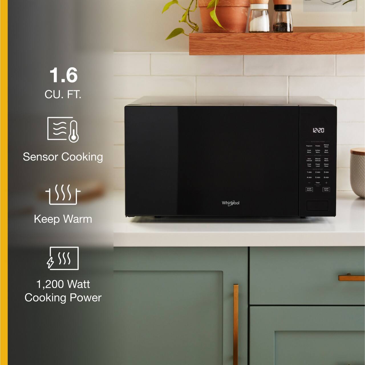 The text on the image reads:

1.6 CU. FT. 12:20 Sensor Cooking - Keep Warm - 1,200 Watt Cooking Power