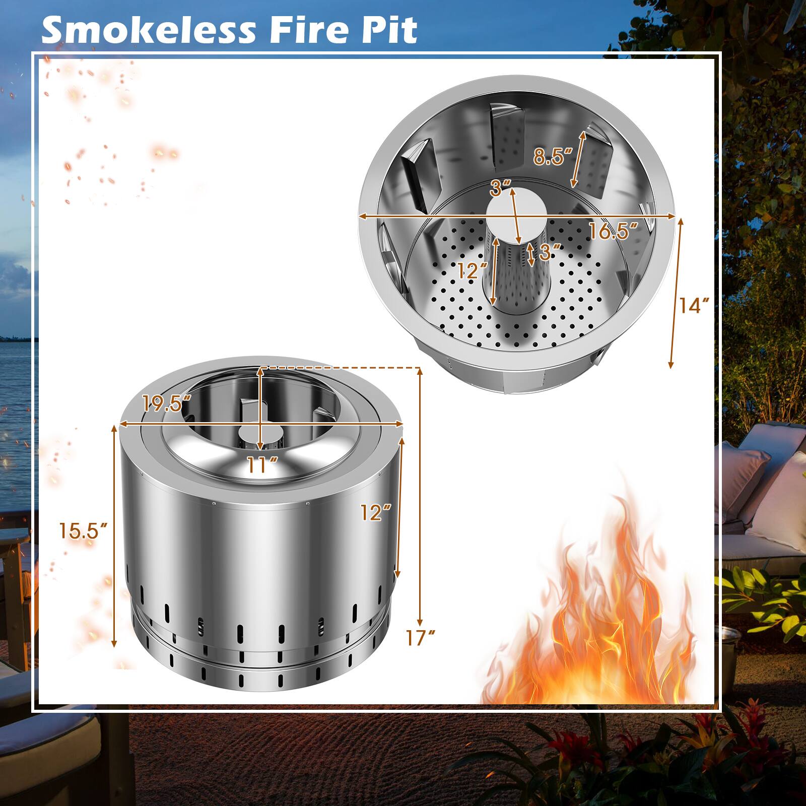 Smokeless Fire Pit 8.5" af 3" 16.5" I 13. 12" 14" 19.5 11" 15.5" 12" emn ma 17"